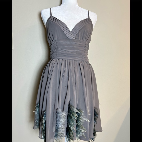 Gray TWELVE by TWELVE Short Dress W Blue Gray Feathers on Skirt! Size 4 - Picture 13 of 13